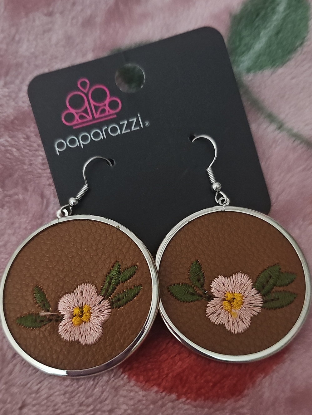 Paparazzi Brown Leatherette Floral Round Drop Earrings with Pink Blooms